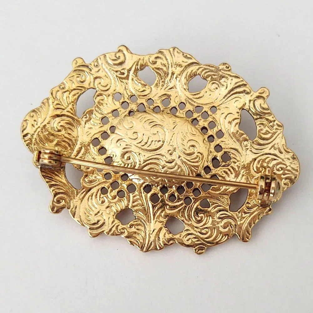 Vintage gold, black and faux pearl brooch